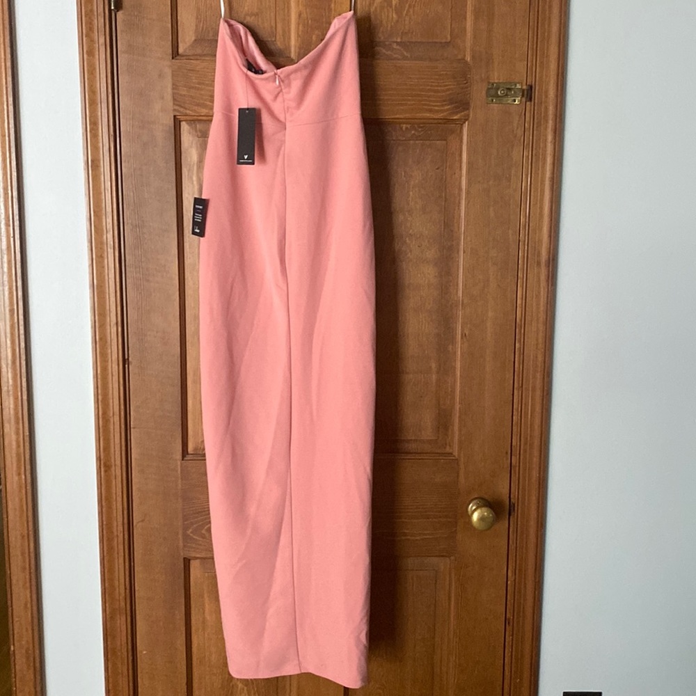 Lulu’s After Hours blush pink strapless ruffled maxi dress